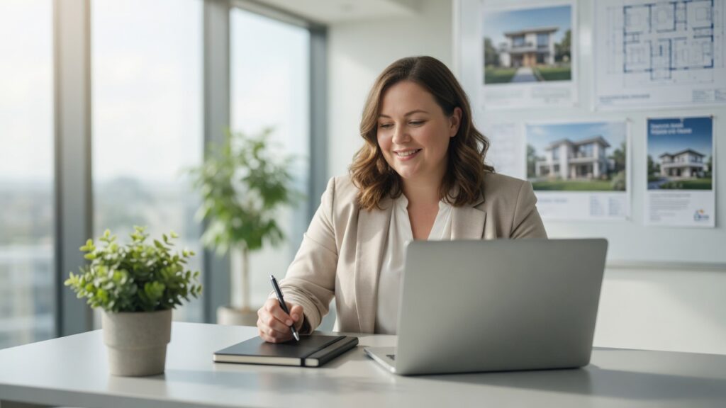A fair-skinned round-faced woman sitting at a desk, smiling confidently while reviewing her mortgage calculations and loan options on a laptop.