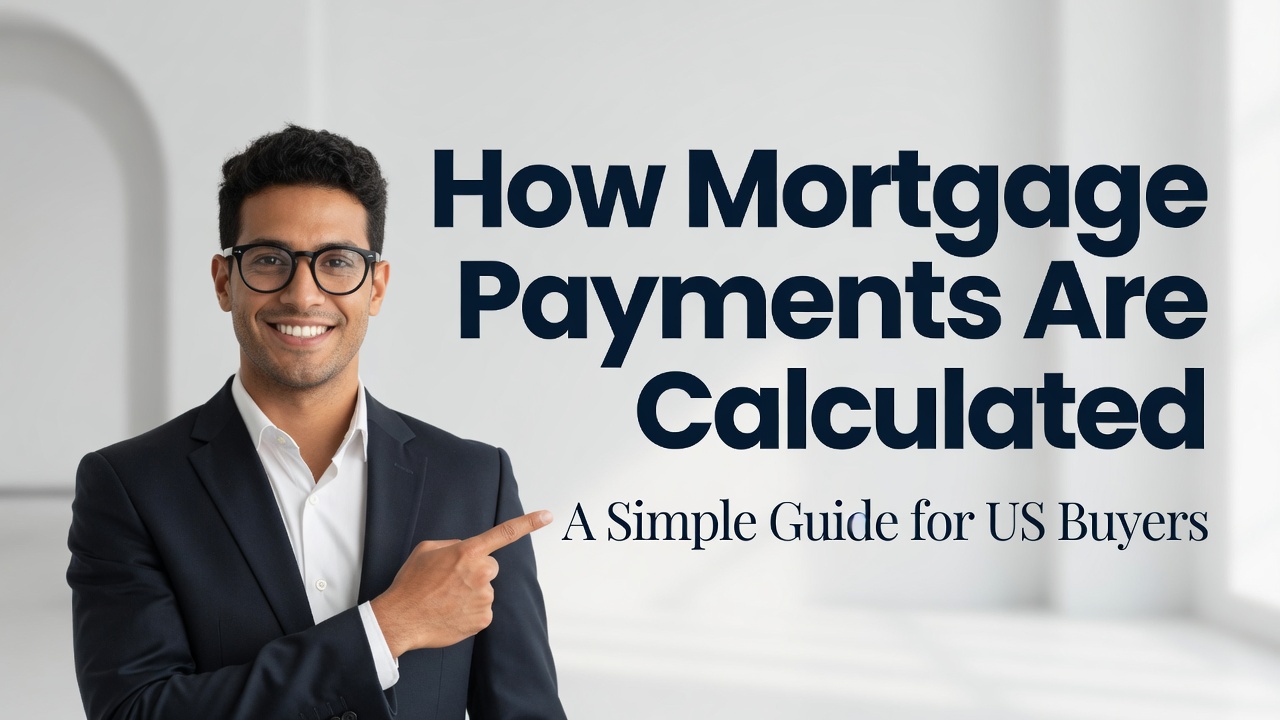 A smart young man smiling and pointing towards a sign that explains how mortgage payments are calculated in the US, highlighting home loan math for beginners.
