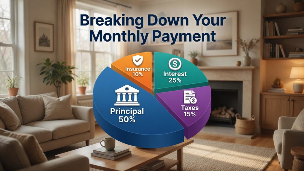 A 3D pie chart graphic floating in a modern living room, showing the clear breakdown of Principal, Interest, Taxes, and Insurance in a standard mortgage payment.