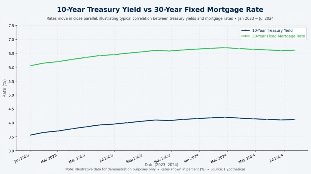 A line graph comparing the historical correlation between 10-Year Treasury yields and 30-Year fixed mortgage rates.