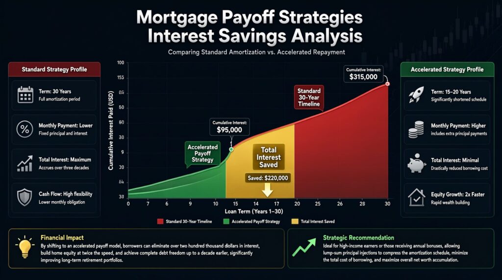 Area chart comparing a standard 30-year mortgage timeline against an accelerated early payoff strategy