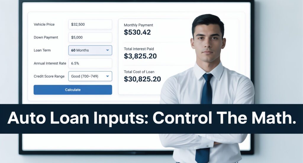 A young male financial analyst reviewing the input fields of the Nxfly Auto Loan Calculator.