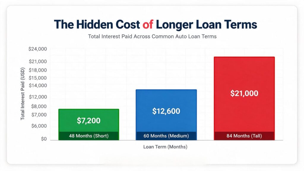 A bar chart illustrating how longer auto loan terms drastically increase the total amount of interest paid to the bank.