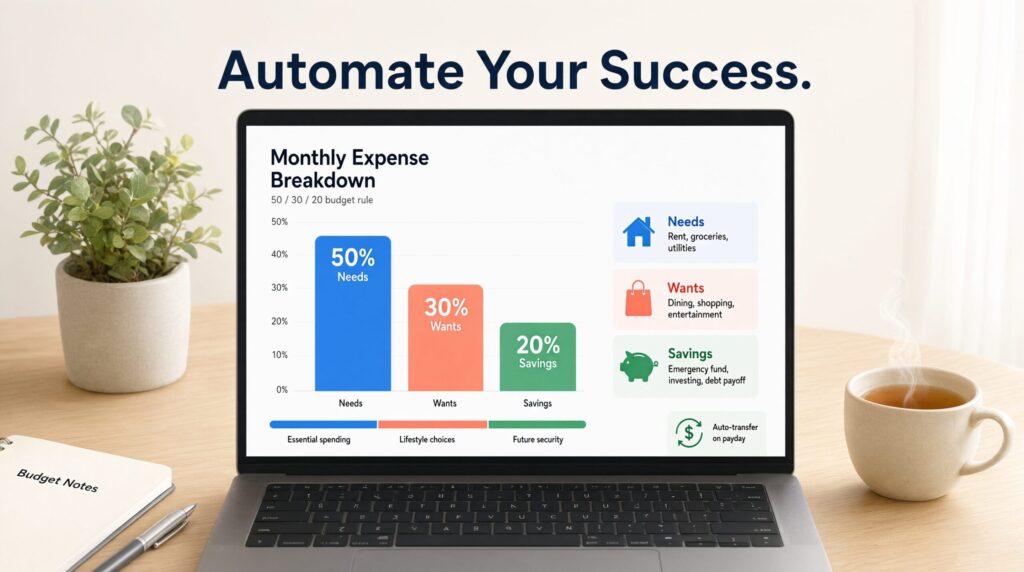 Create a monthly budget that is easy to follow. An infographic showing the 50/30/20 budgeting rule on a modern laptop screen
