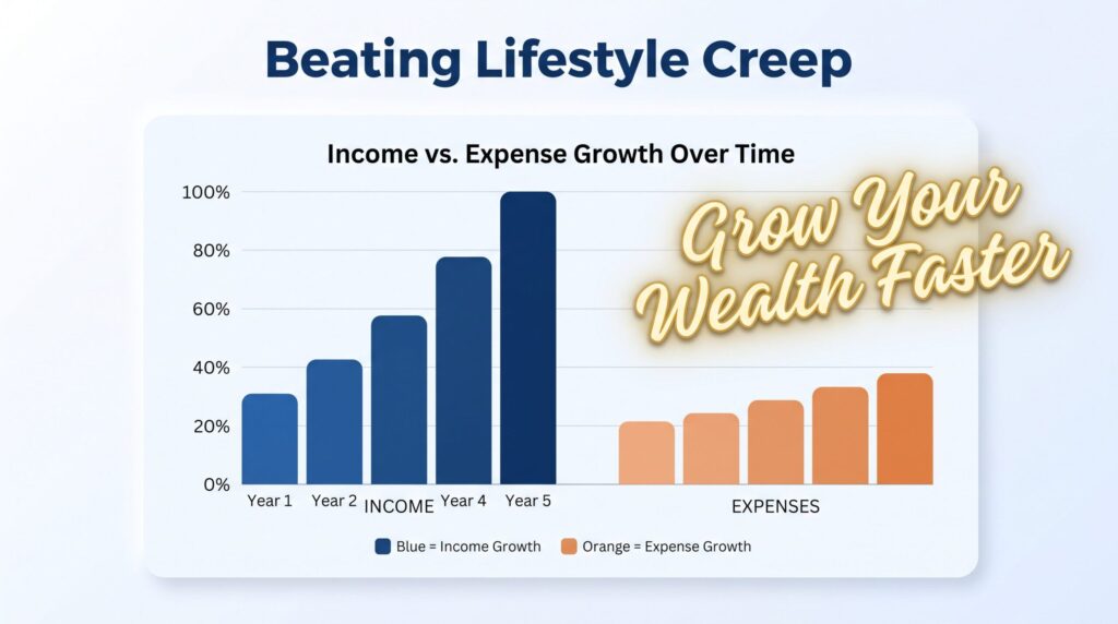 A bar graph showing income growth beating expense growth for a realistic money plan.