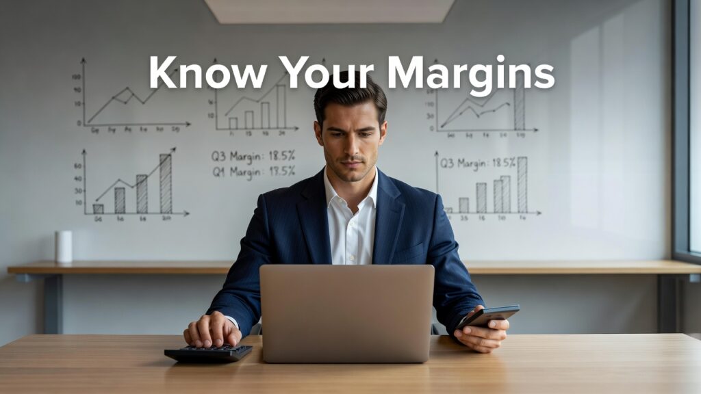 A business owner using a calculator to calculate business profit margin accurately.