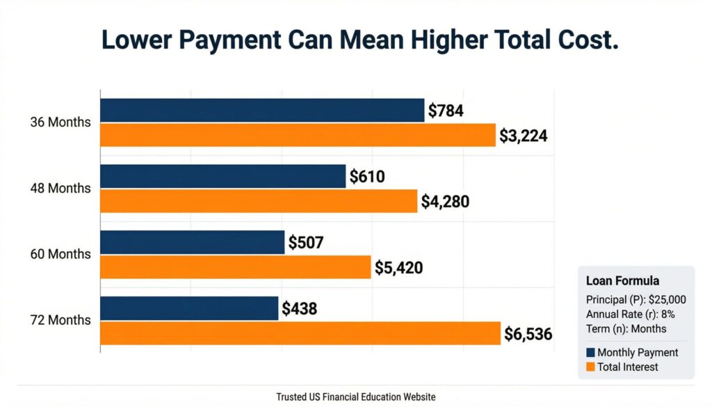 Chart comparing terms used to calculate monthly loan payments and total interest