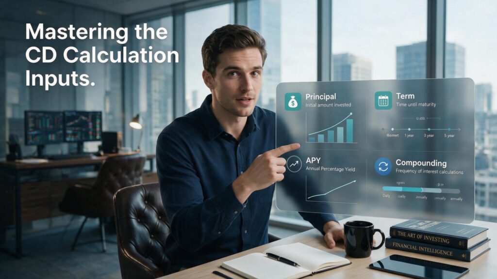 Male financial analyst showing the input fields for an accurate CD calculator including principal, term, and APY.