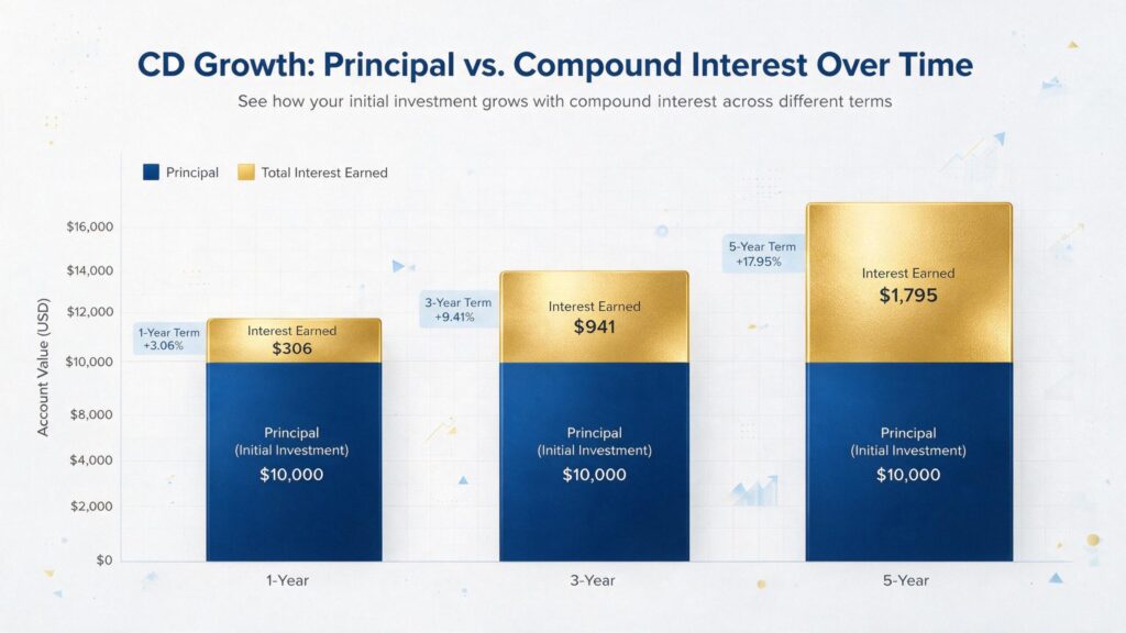 Stacked bar chart showing principal versus compound interest growth on a CD calculator over 1, 3, and 5 year terms.
