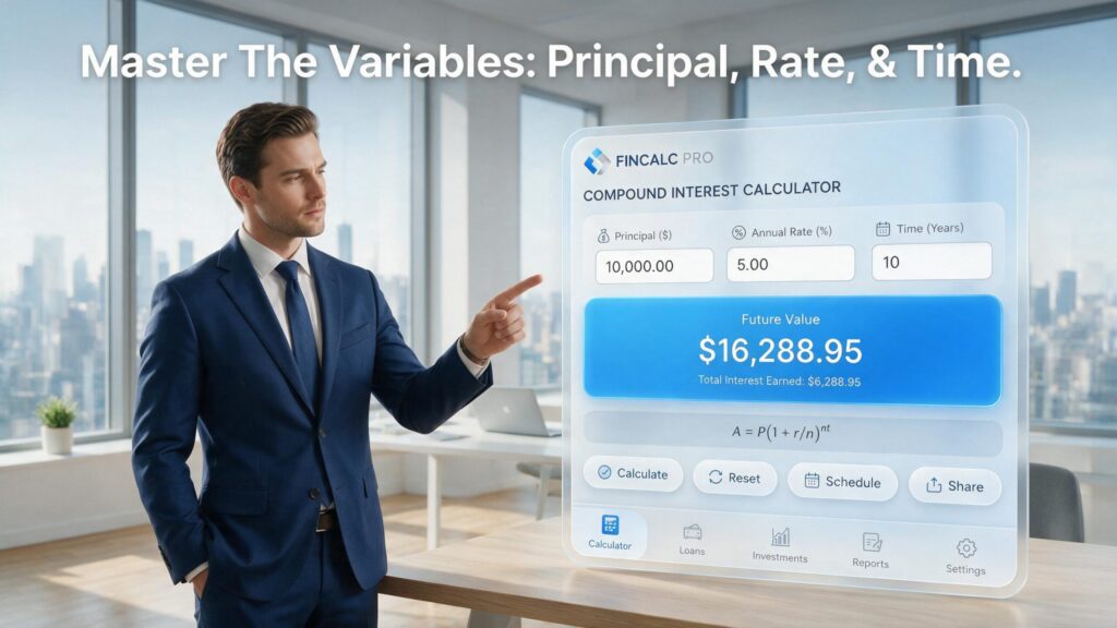 Young male financial professional explaining the input fields of a compound interest calculator tool