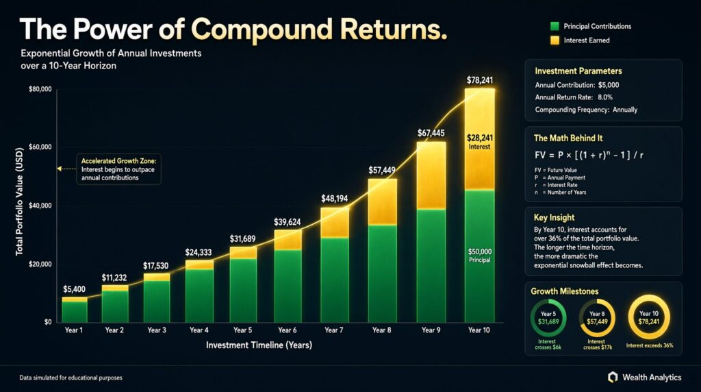 A financial bar chart demonstrating the difference between principal contributions and exponential compound interest earned over time.
