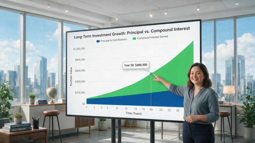 Chart showing exponential wealth growth separating principal deposits from compound interest over a 30 year timeline