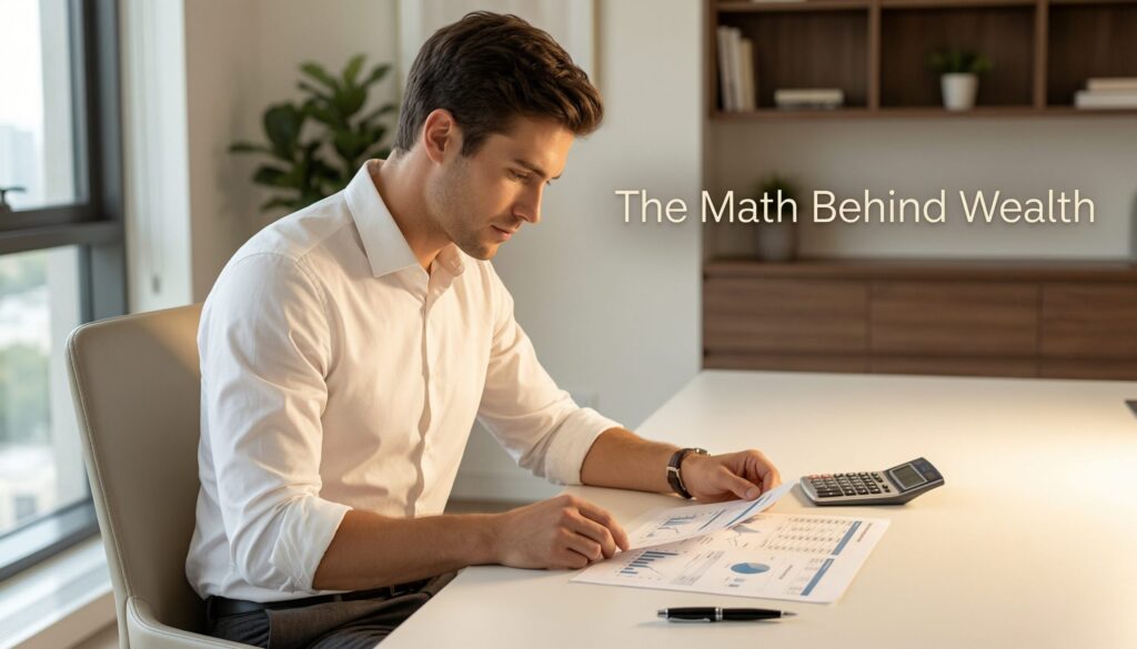 A young male professional using a calculator to figure out his compound interest returns.