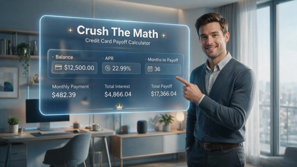 Young male professional using a credit card payoff calculator to analyze debt reduction strategies
