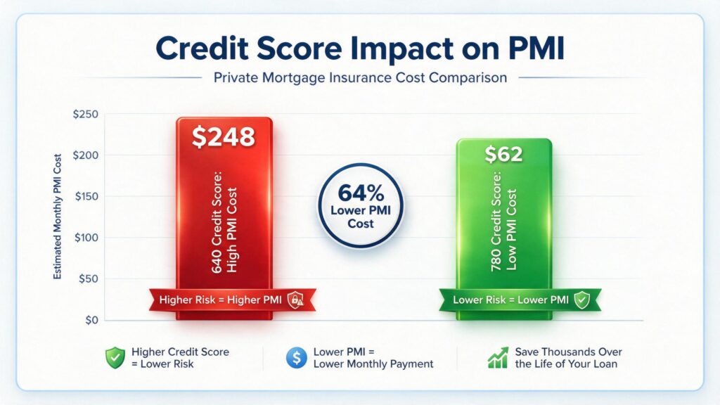 A bar chart illustrating how a lower credit score drastically increases monthly private mortgage insurance costs.