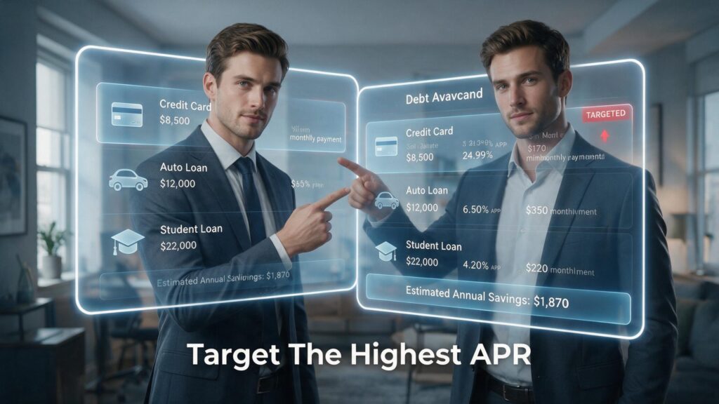 Young professional male setting up a debt avalanche calculator to target high APR credit cards