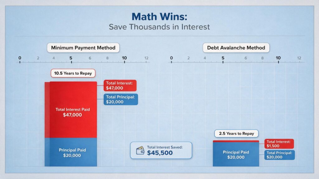 Data visualization comparing debt avalanche interest savings against standard minimum payments