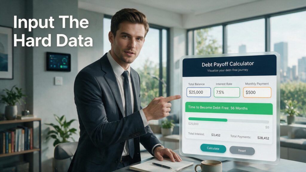 Young male professional using a debt payoff calculator to analyze monthly payment strategies