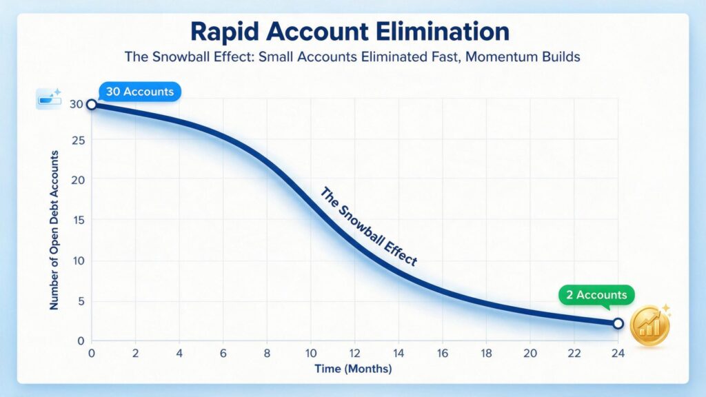 Data visualization graph showing rapid elimination of small loan accounts using the debt snowball method