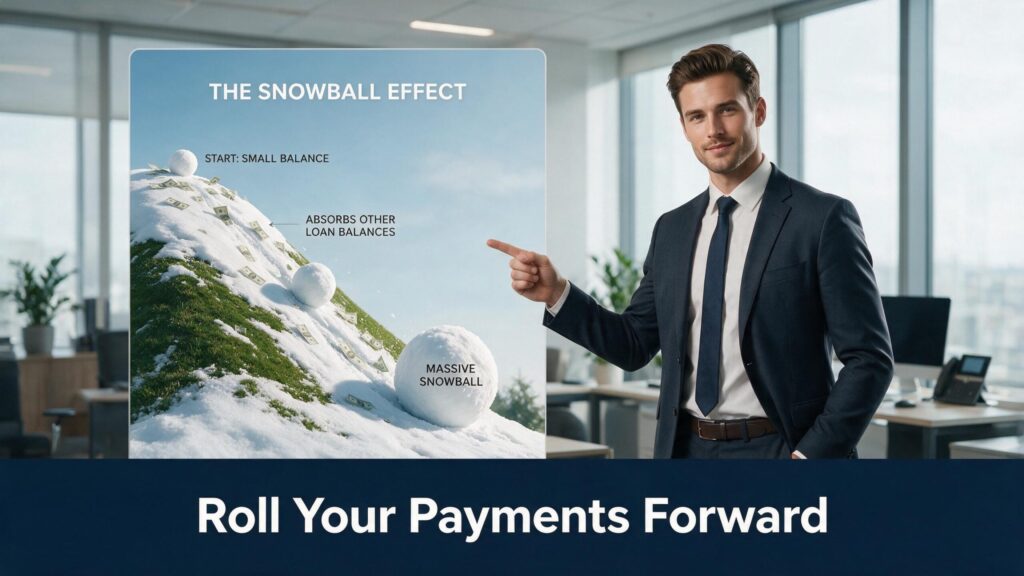 Young male professional demonstrating how the debt snowball calculator rolls payments forward to eliminate loans