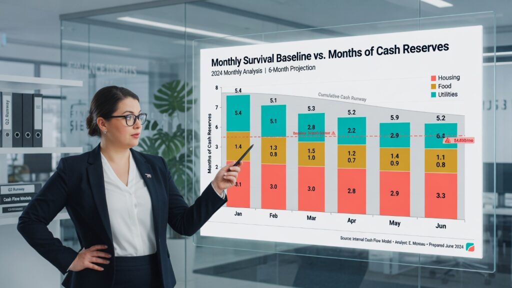 Bar chart visualization showing baseline monthly expenses multiplied into a full emergency cash reserve