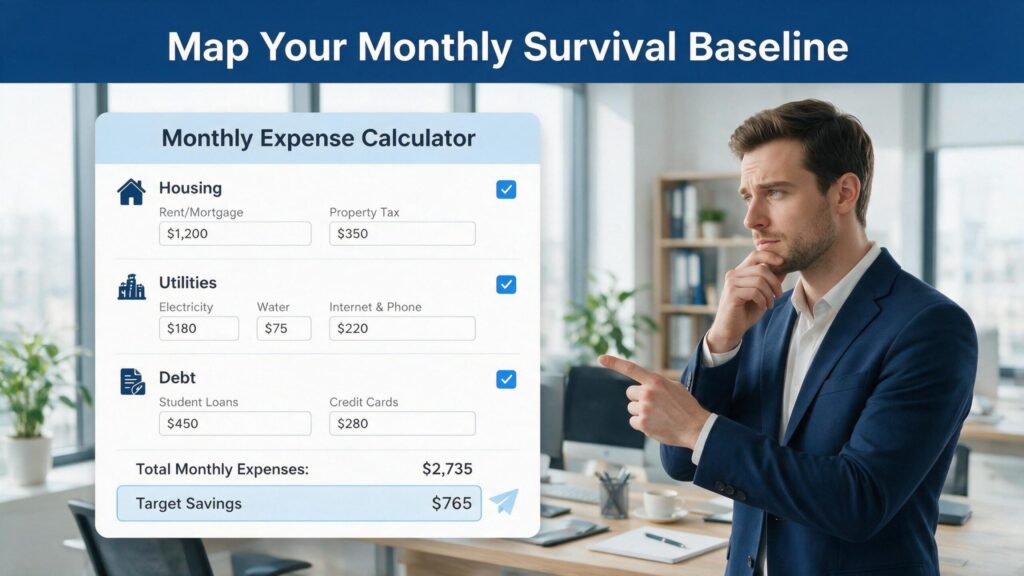 Young male financial professional explaining the monthly expense input fields of an emergency fund calculator tool