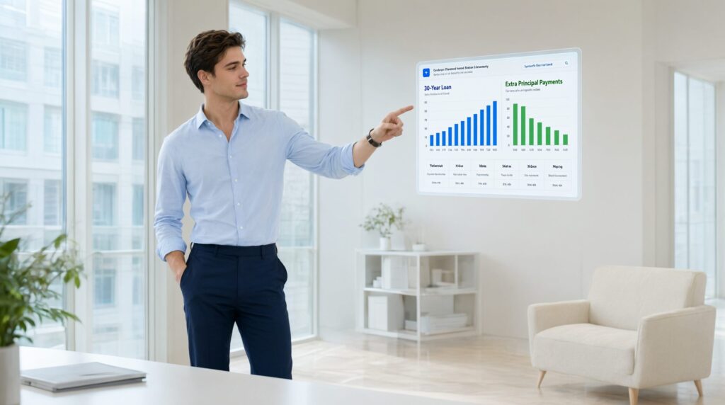Male financial expert explaining the extra mortgage payment calculator inputs
