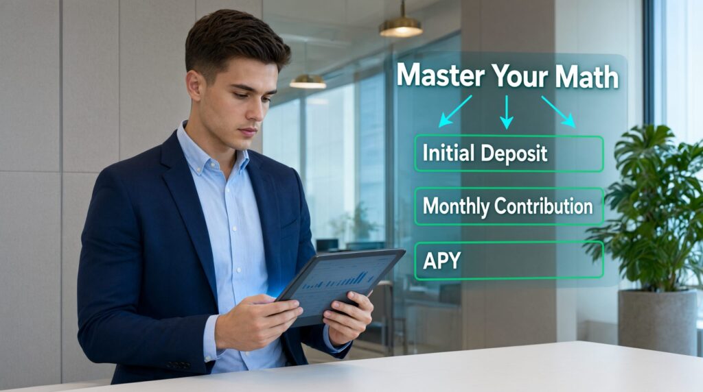 A young male financial analyst reviewing the core inputs for the High-Yield Savings Calculator on a digital tablet.
