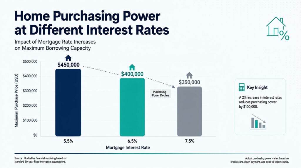 A bar chart illustrating how rising interest rates reduce maximum home purchasing power on a fixed monthly budget