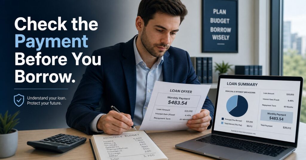 Young professional reviewing a loan payment before borrowing money