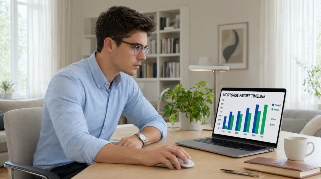 Young man analyzing a mortgage payoff timeline on his laptop