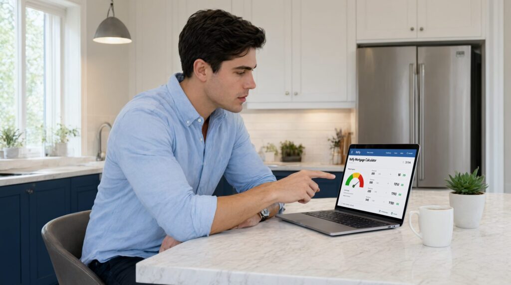 A young professional male pointing at home buying budget results on a mortgage affordability calculator