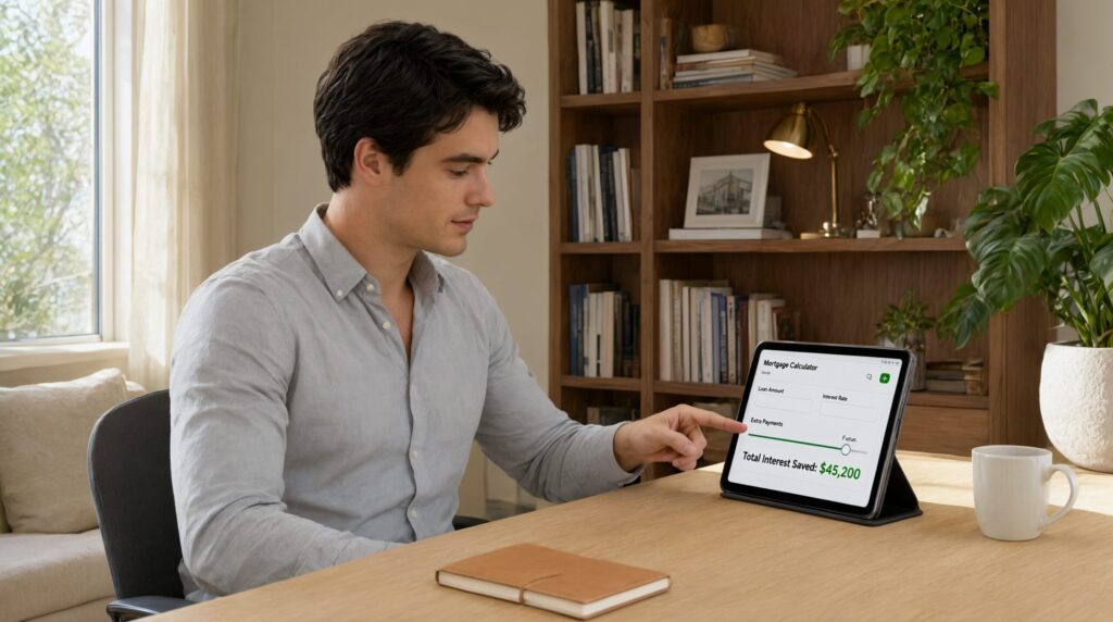 A male financial expert pointing at the input fields of a mortgage amortization calculator on a tablet screen