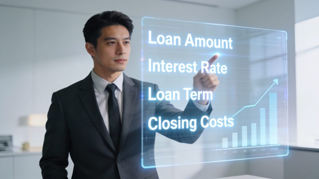 A male financial expert pointing to a digital breakdown of mortgage APR calculator inputs.
Image Title: Mortgage APR Calculator Loan Inputs