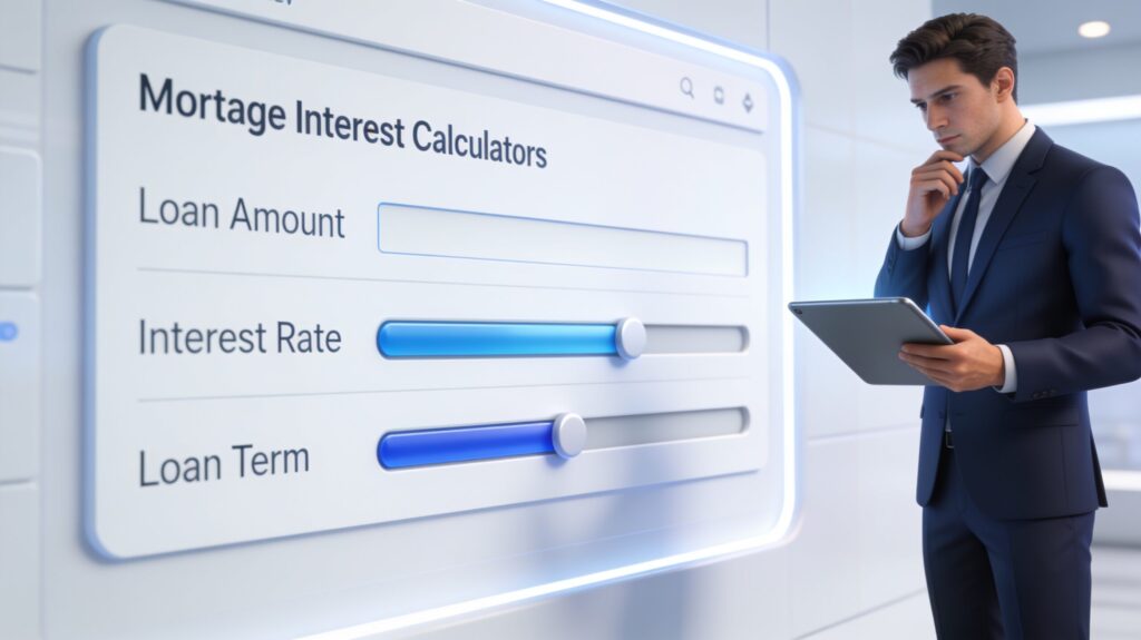 A young male financial analyst reviewing mortgage interest calculator inputs on a tablet.
