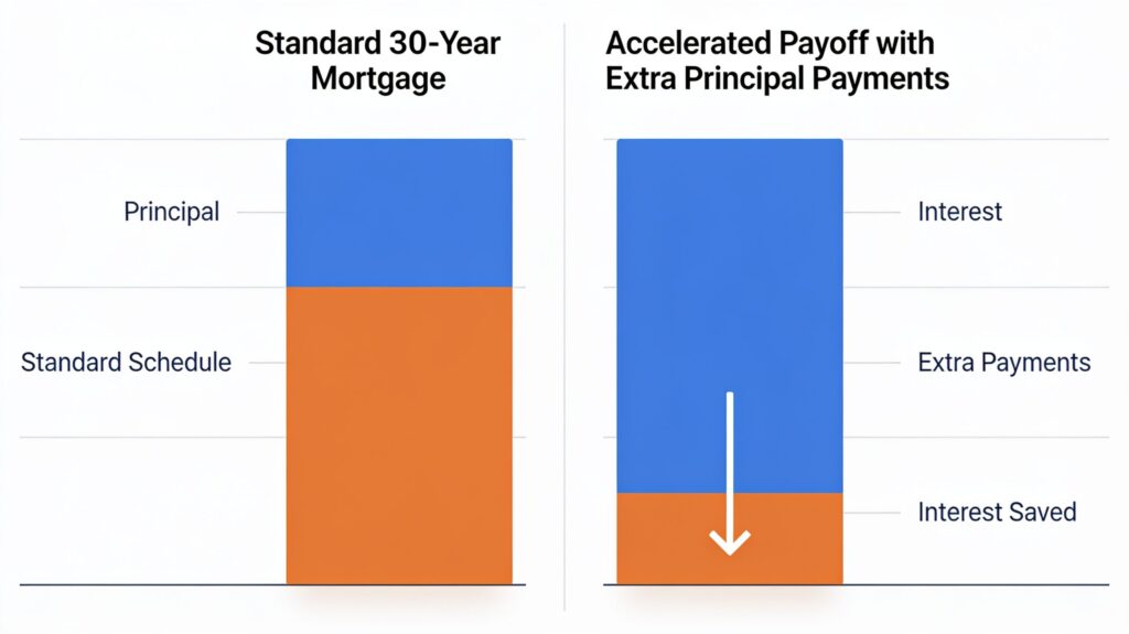 A clean data visualization chart showing the dramatic reduction in mortgage interest over time when applying extra payments.