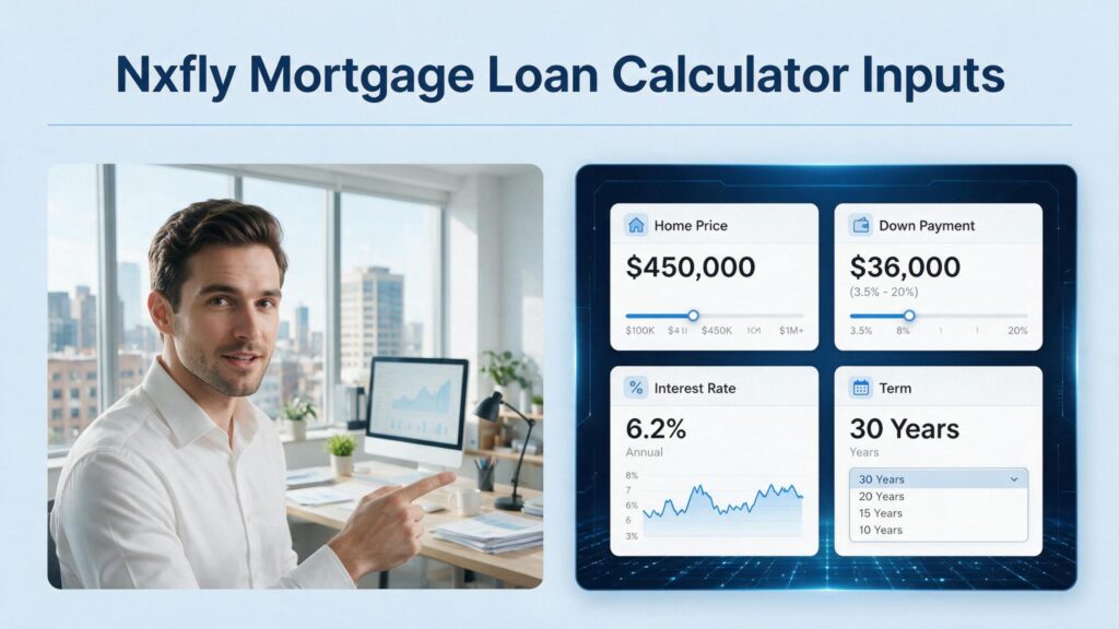 A young male financial analyst explaining the input fields of a mortgage loan calculator.