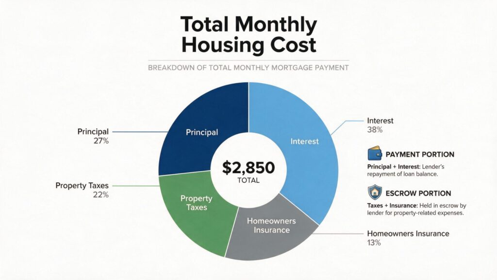 A pie chart illustrating the breakdown of a mortgage payment including principal, interest, taxes, and insurance.