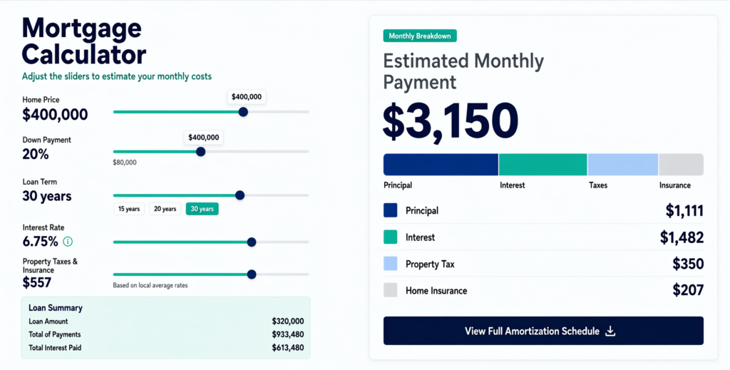 Mortgage payment calculator interface with input fields for home price, down payment, loan term, interest rate, and taxes, showing an estimated monthly payment result