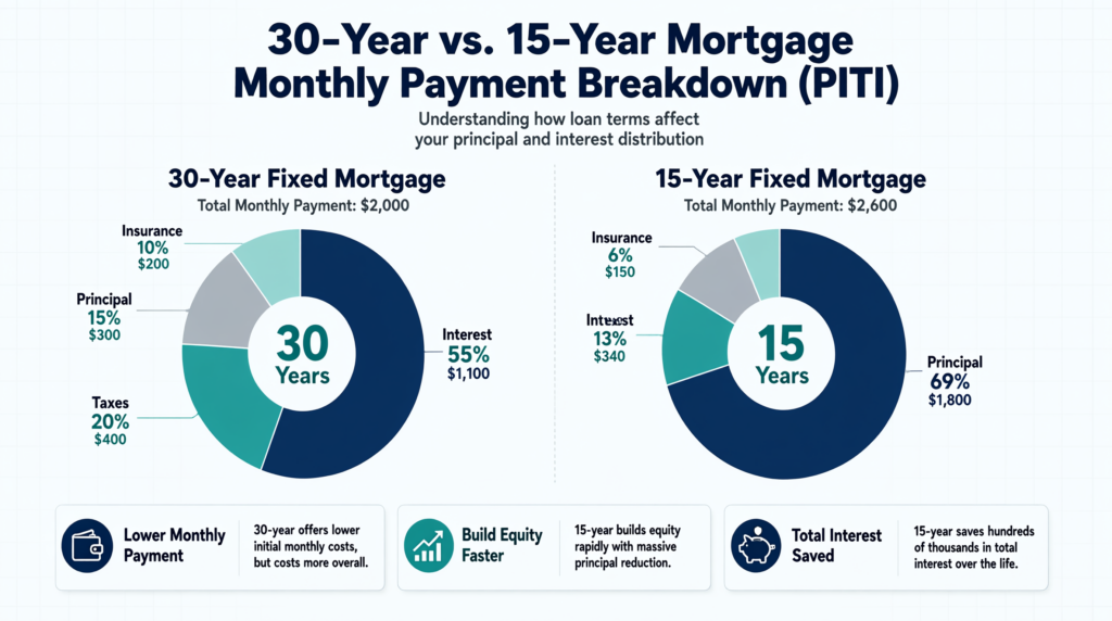 Side-by-side comparison chart showing monthly payment breakdown of principal, interest, taxes, and insurance for 15-year versus 30-year mortgages