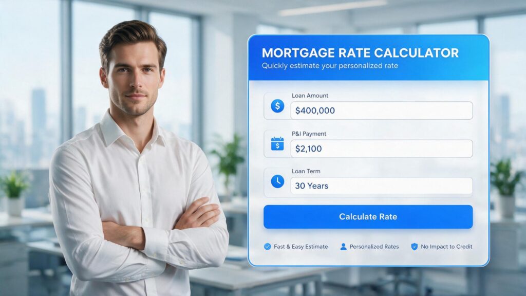 A young male financial analyst reviewing the inputs of the Nxfly Mortgage Rate Calculator.