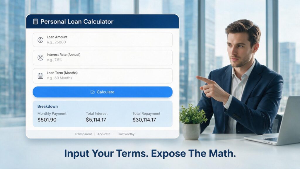A young male financial analyst pointing at the input fields of a personal loan calculator.