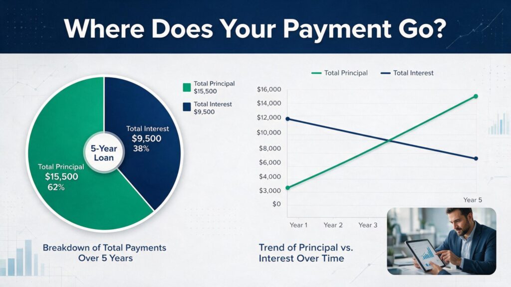 A data visualization chart showing the breakdown of interest and principal on a personal loan.