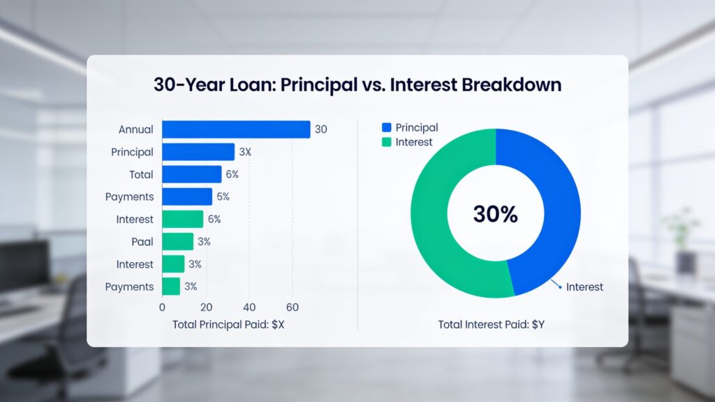 A financial chart comparing total principal balance against total interest paid over 30 years.