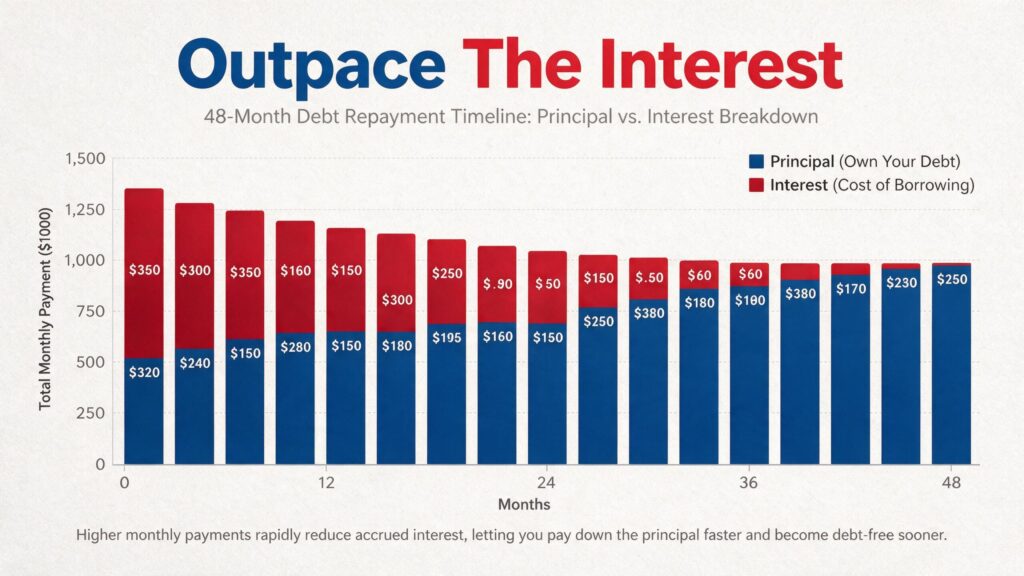 Data visualization chart showing compound interest vs principal reduction over 48 months