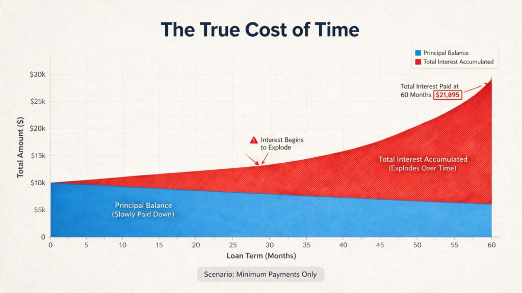 Data visualization chart showing compound interest vs principal reduction over 60 months