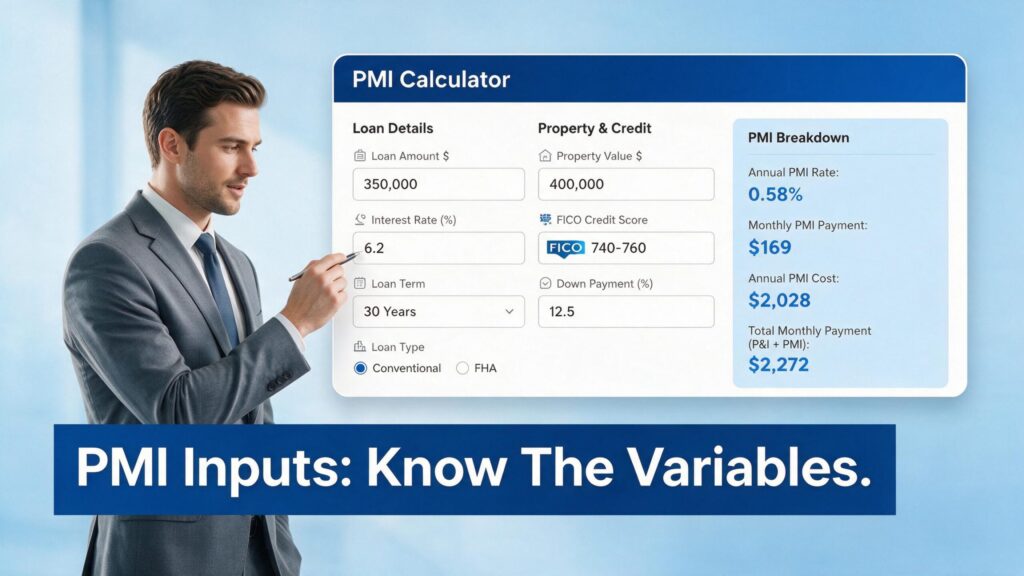  A male financial advisor pointing out the credit score input on the Nxfly Private Mortgage Insurance Calculator.