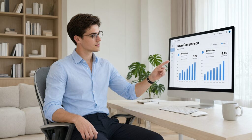 Young man analyzing a mortgage refinance calculator dashboard on his computer monitor