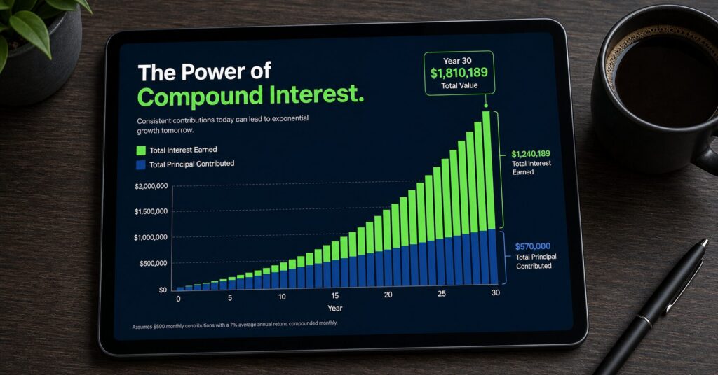 Bar chart showing principal contributions versus compound interest earned over thirty years