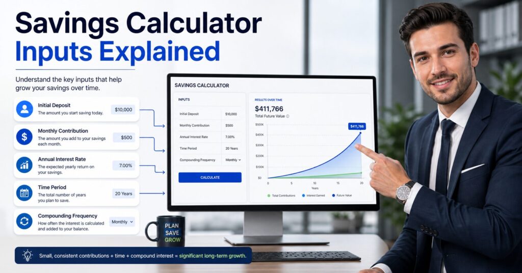 Professional male financial analyst explaining savings calculator inputs and compound interest graphs